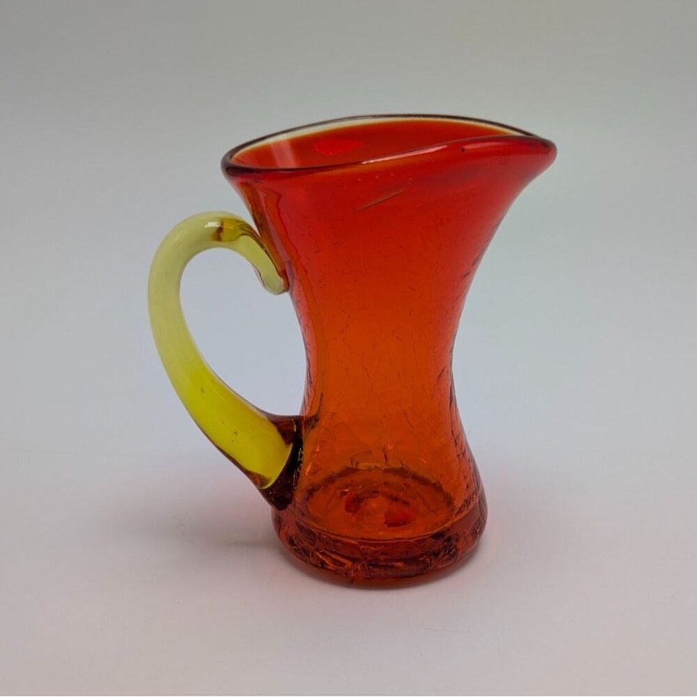 Vintage Art Glass Miniature Pitcher Crackle Finish Yellow Handle